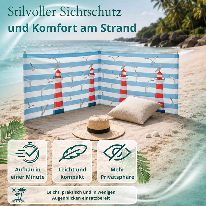 Strandparavent Mikrofaser | Windschutz 80cm | Leuchtturm 8m | Robuste Holzstäbe | Vernäht | Hochwert