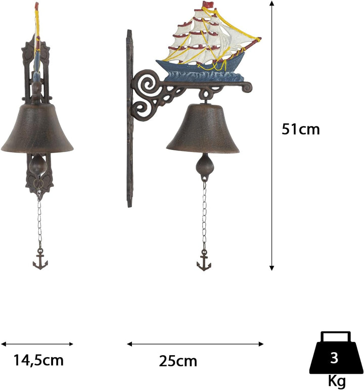 Moritz Gusseisen Wandglocke Segelschiff Segelboot 3 Master Schiff Glocke Türglocke 38 cm Höhe Hausgl