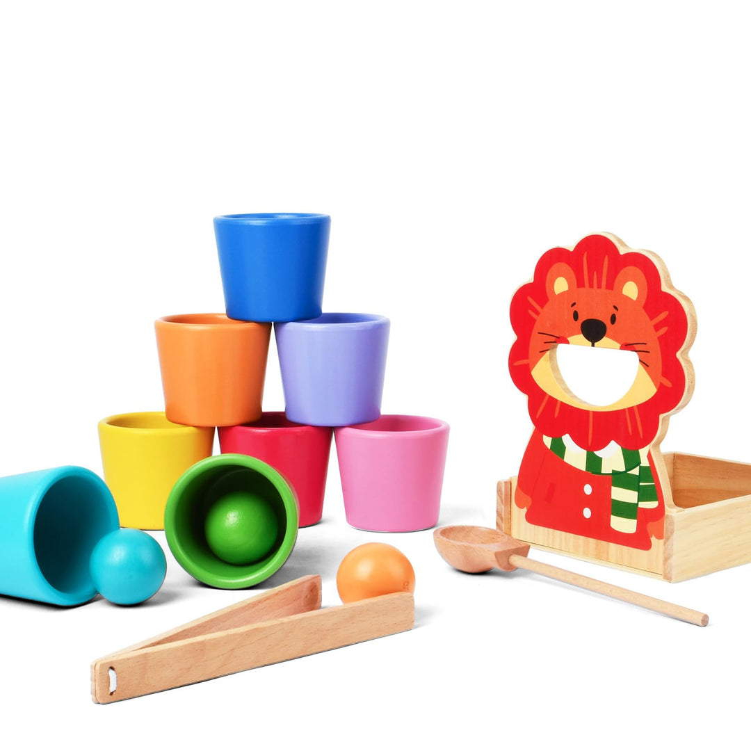 Vicloon Bälle in Tassen, Montessori Spielzeug ab 3 Jahr, 8 Kugeln 32 mm Regenbogen Holzkugeln in Tas