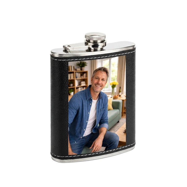 Personalisiert Flachmann mit Foto - Flachmann Kunstleder - Geeignet für Whiskey Rum und Wodka Partys