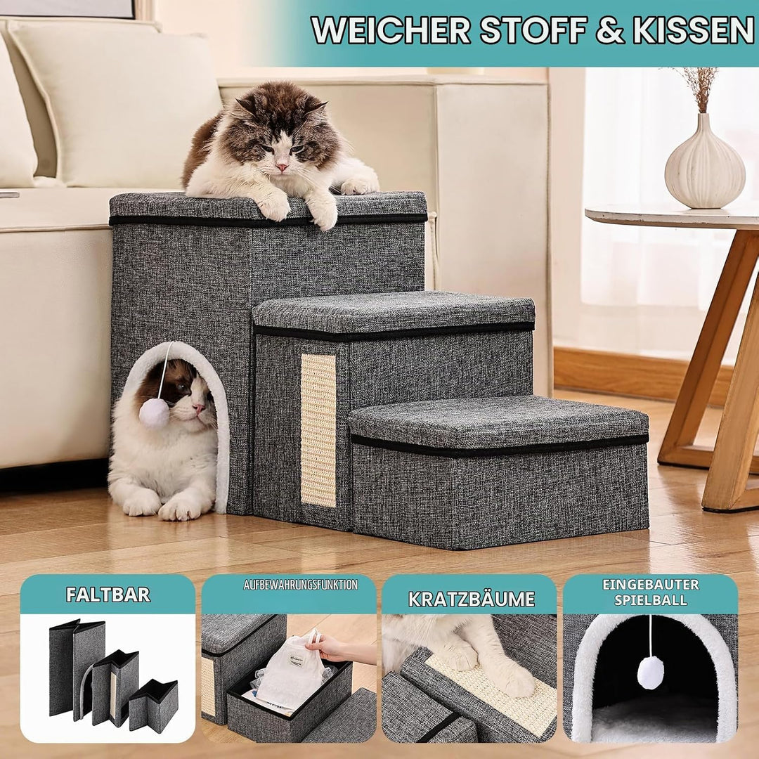 4 in 1 Faltbare Hundetreppe für Bett &amp; Sofa, 3 Stufen Haustierleiter mit Aufbewahrungsboxen, Katzenh