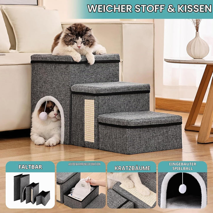 4 in 1 Faltbare Hundetreppe für Bett &amp; Sofa, 3 Stufen Haustierleiter mit Aufbewahrungsboxen, Katzenh