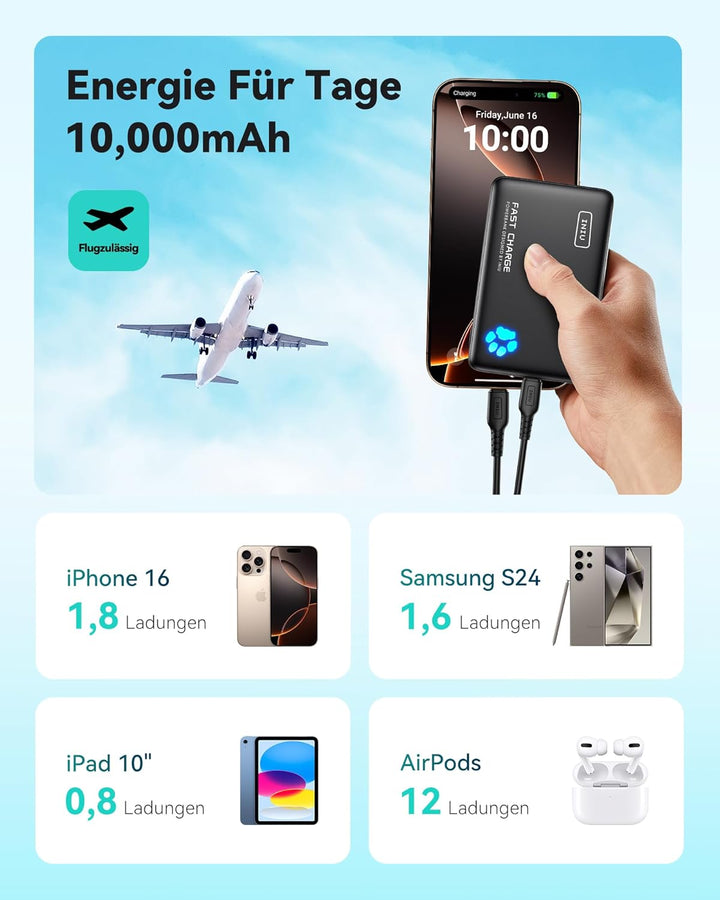 INIU Power Bank, 22,5W Powerbank Klein Aber Stark 10000mAh (USB C In & Out), PD3.0 QC4.0 Externe Han