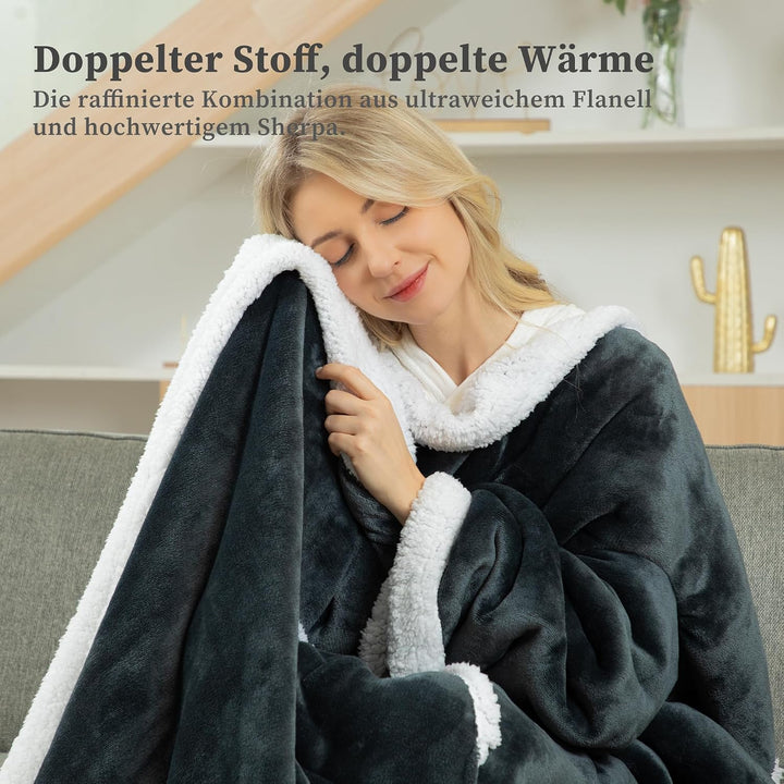 Winthome Kuscheldecke mit Ärmeln Dick, Wolldecke Warm Winter, Sherpa Decke mit Tasche, Fleecedecke W
