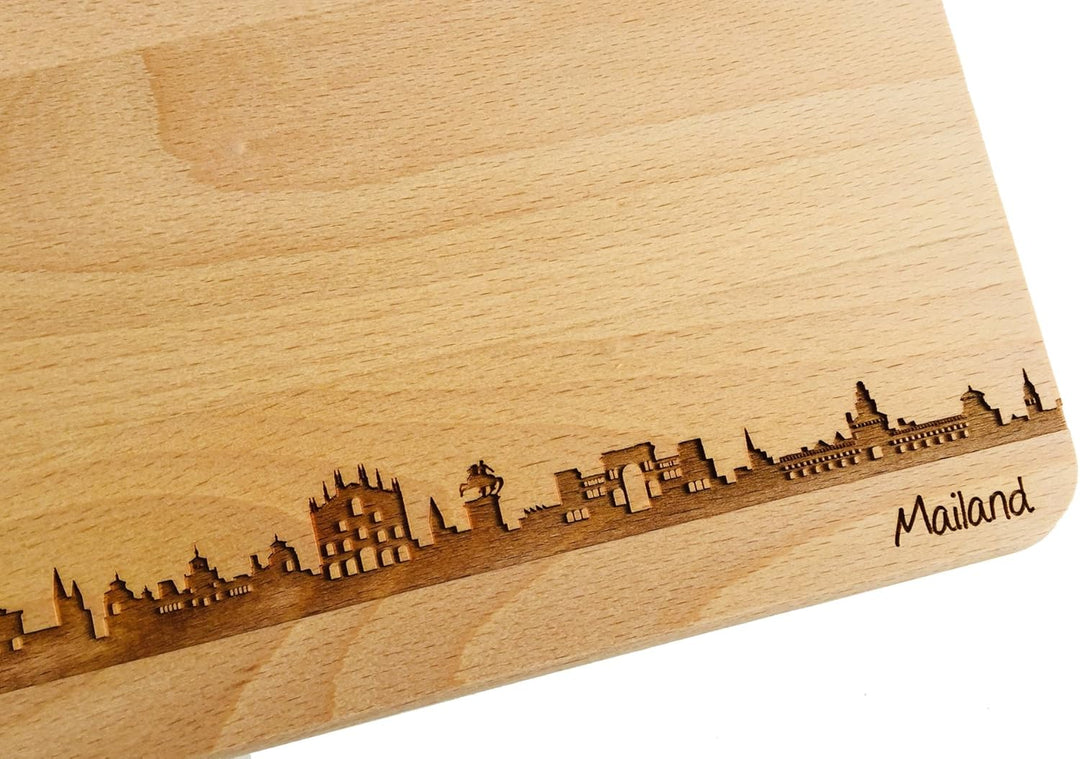 SNEG-DE Brotzeitbrett Mailand Skyline | Frühstücksbrettchen aus Buche | Holz Schneidbrett | Geschenk