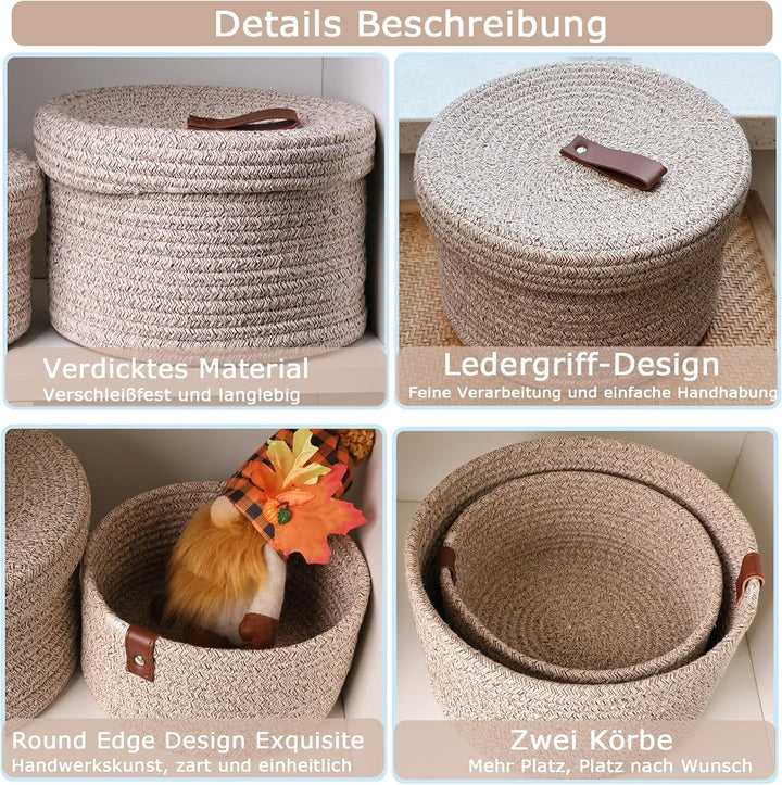 2 STÜCKE Kosmetik Aufbewahrungskorb mit Deckel Aufbewahrungsbox Natürliches Baumwollgarn Weiss, Weis