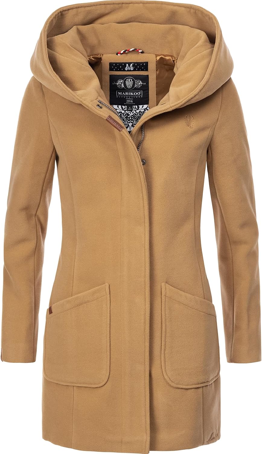 MARIKOO Damen Mantel in Wollmantel-Optik Warmer Trenchcoat mit Kapuze Maikoo XS-5XL L Braun, L Braun