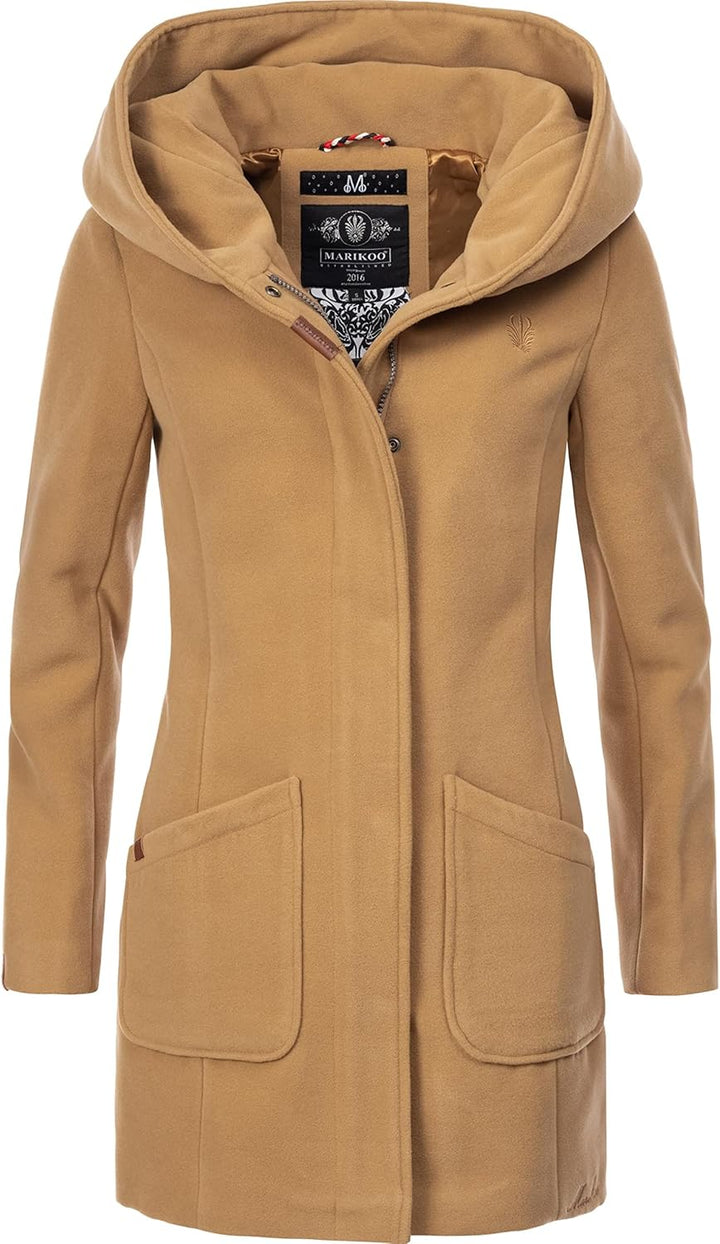MARIKOO Damen Mantel in Wollmantel-Optik Warmer Trenchcoat mit Kapuze Maikoo XS-5XL L Braun, L Braun