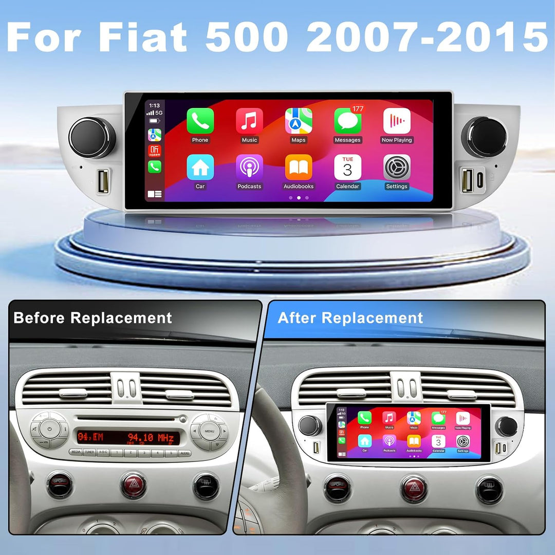 Autoradio für FIAT 500 2007-2015 mit Android Auto und CarPlay Wireless, RDS Car Radio Android 13 Ste