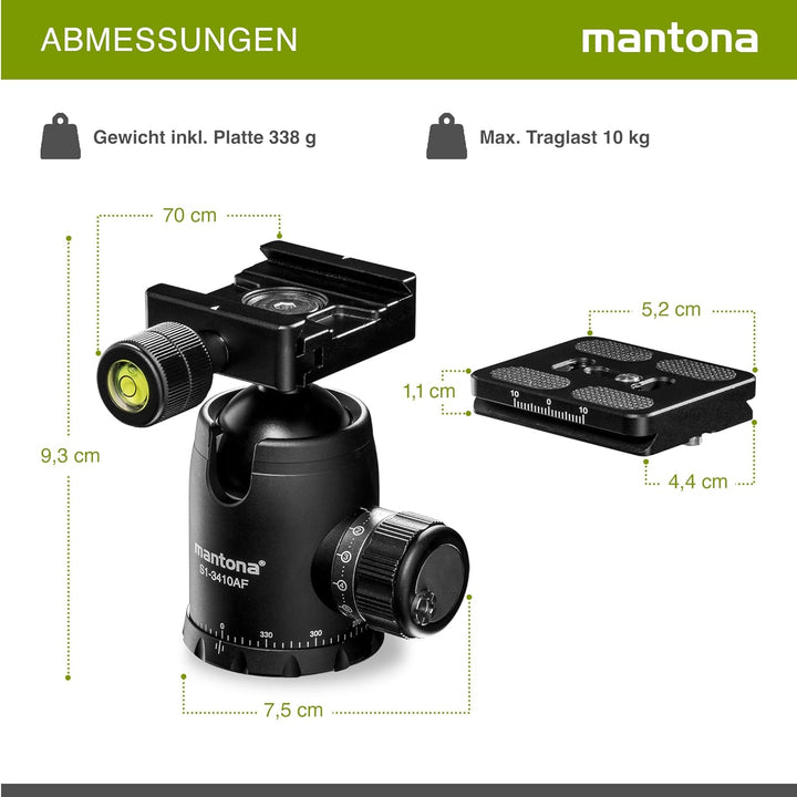 mantona Fortress Kugelkopf mit 34 mm Kugel I 360° Panorama-Funktion &amp; 3 Wasserwaagen I mit Arca Swis