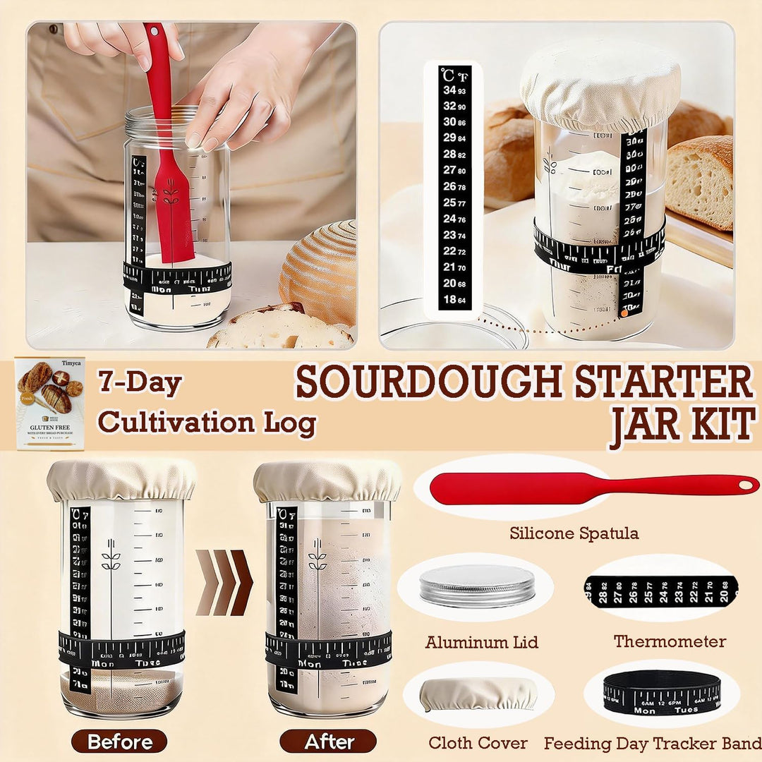 Sauerteig Starter Set, 650ml Gärglas, Klappbare Silikongärkörbe Rund Und Oval，30-Teilig Gärkorb Brot