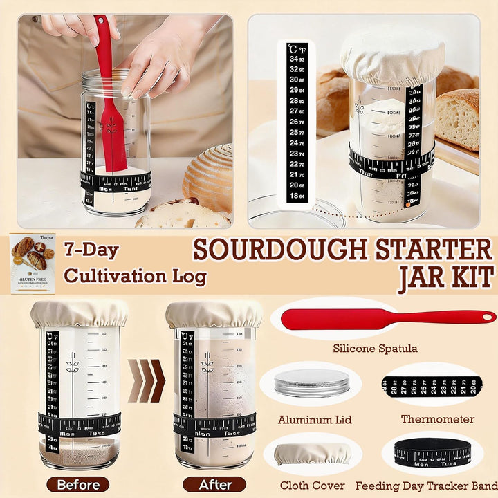 Sauerteig Starter Set, 650ml Gärglas, Klappbare Silikongärkörbe Rund Und Oval，30-Teilig Gärkorb Brot