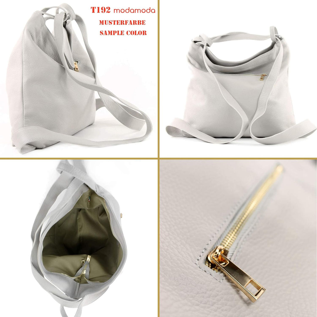 modamoda de - T192 - ital. Damen Rucksacktasche 2in1 aus Leder Creme, Creme