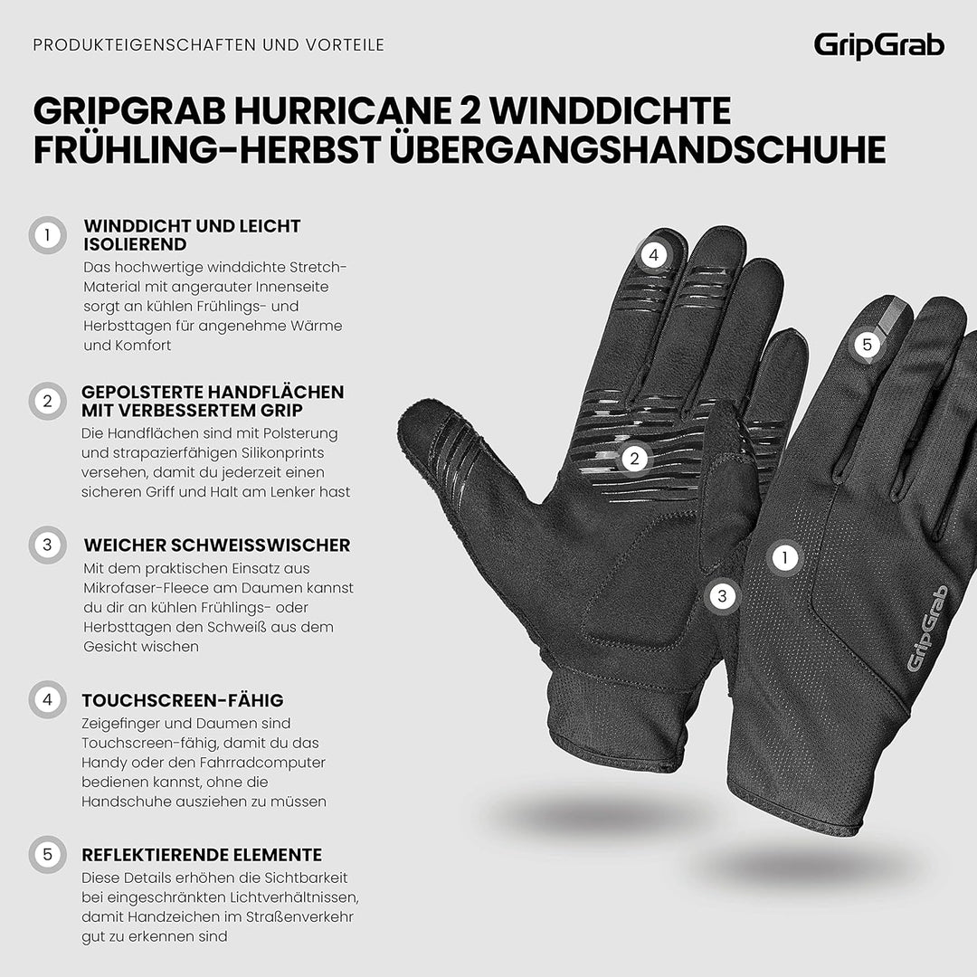 GripGrab Hurricane 2 Winddichte Frühling Herbst Fahrrad Übergangshandschuhe Gepolsterte rutschfeste