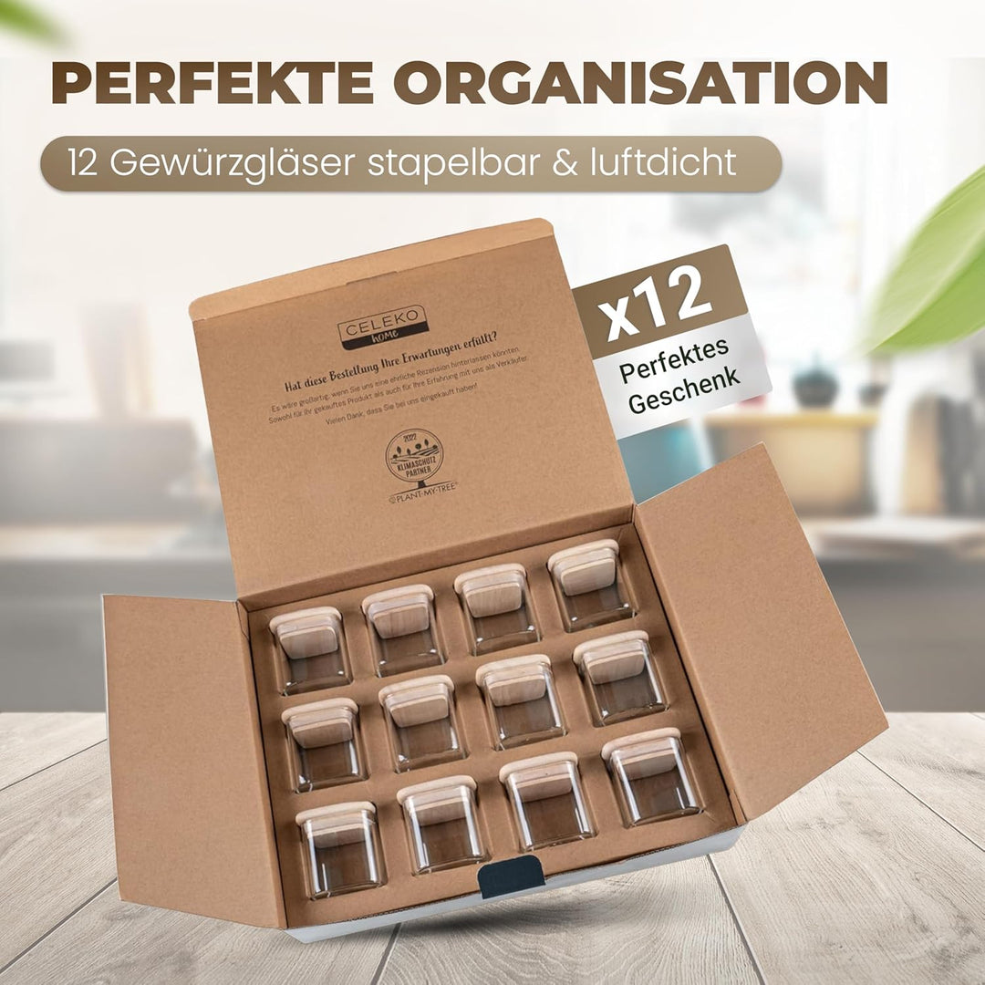 Celeko Home Stapelbare Gewürzgläser Eckig Bambus-Holzdeckel 270ml (Set 12 Stück) Gewürzbehälter Gewü