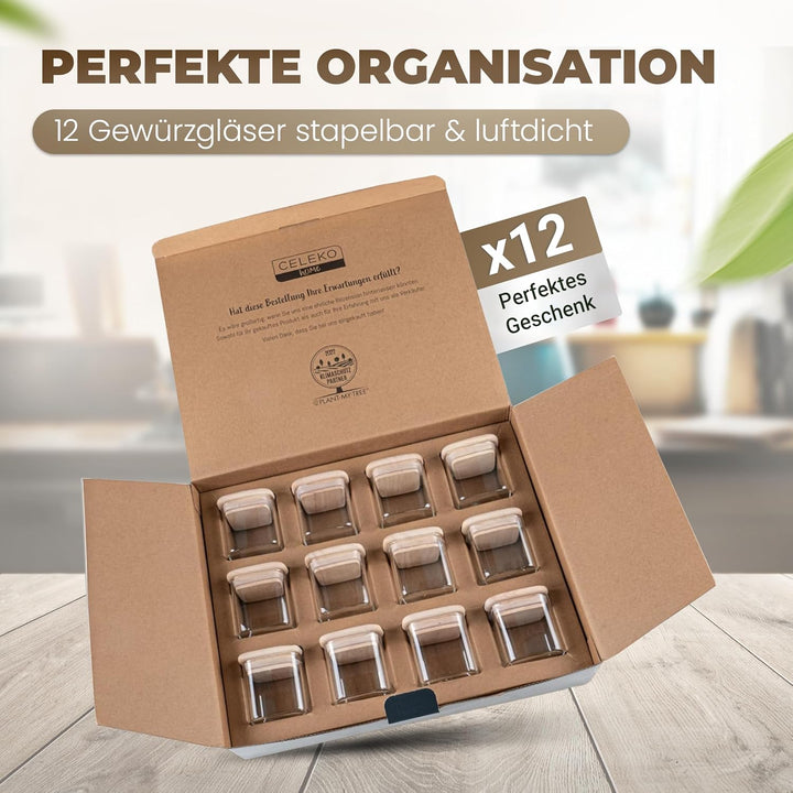 Celeko Home Stapelbare Gewürzgläser Eckig Bambus-Holzdeckel 270ml (Set 12 Stück) Gewürzbehälter Gewü