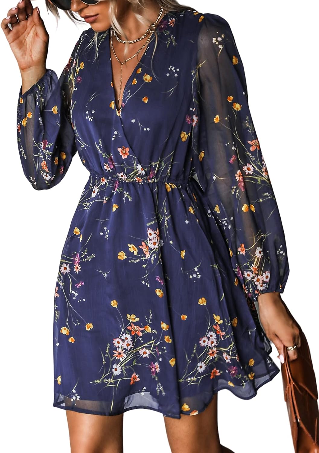 CUPSHE Damen Kleid V Ausschnitt Wickeloptik Transparente Lange Ärmel Blumenmuster Freizeitkleider Wr