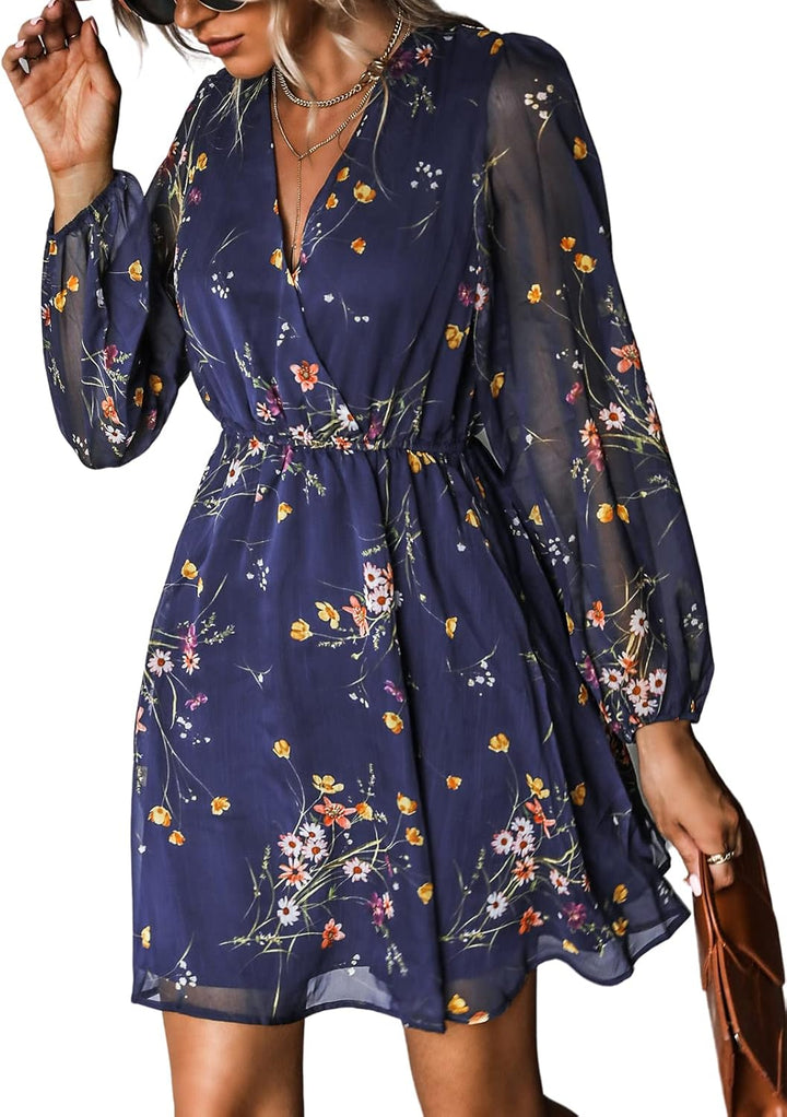 CUPSHE Damen Kleid V Ausschnitt Wickeloptik Transparente Lange Ärmel Blumenmuster Freizeitkleider Wr