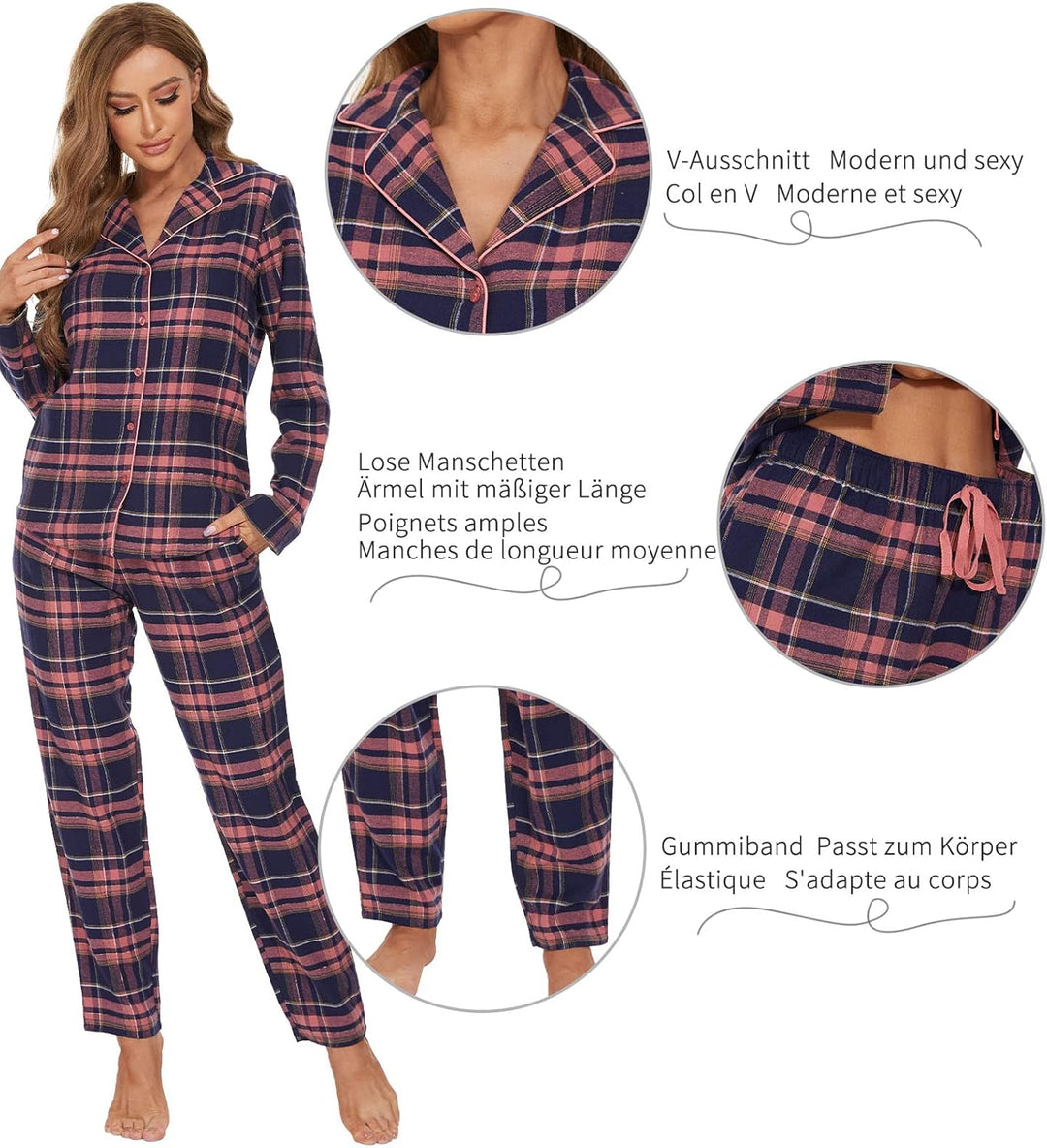 Mnemo Home Damen Schlafanzug Lang Flanell Pyjama Damen 100% Baumwolle aus Flanell Blaures Pulver mit