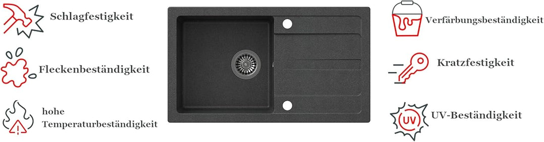 VBChome Spülbecken mit Armatur 77 x 44 cm Schwarz Einzelbecken Einbauspüle Abtroffläche gesprenkelt