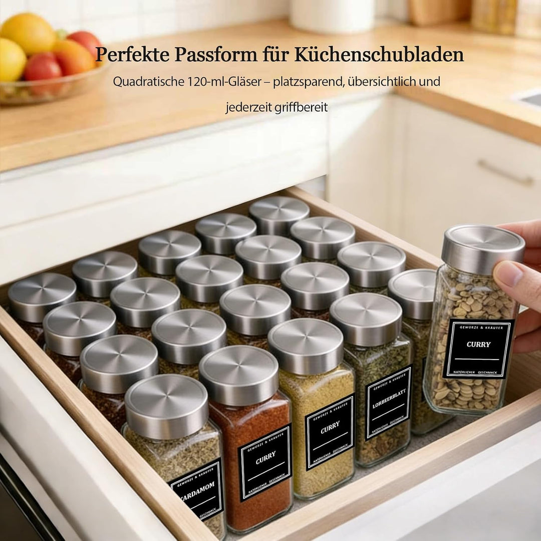 Gewürzgläser Set 24er [120ml, Eckig & Luftdicht] mit Edelstahldeckeln, Etiketten & Streueinsätzen -
