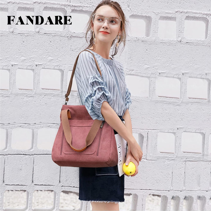 FANDARE Retro Handtaschen Leinwand Schultertasche Damen Umhängetasche Frauen Arbeitstasche für 12.9