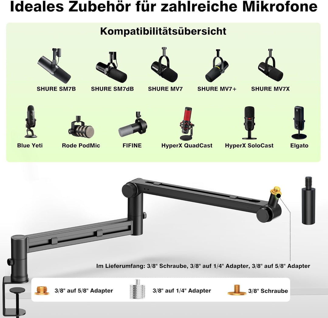 Mikrofon Arm | Low Profile Mikrofonarm [Max. 3 KG Traglast] kompatibel mit Shure SM7B, MV7+ & Co.| G