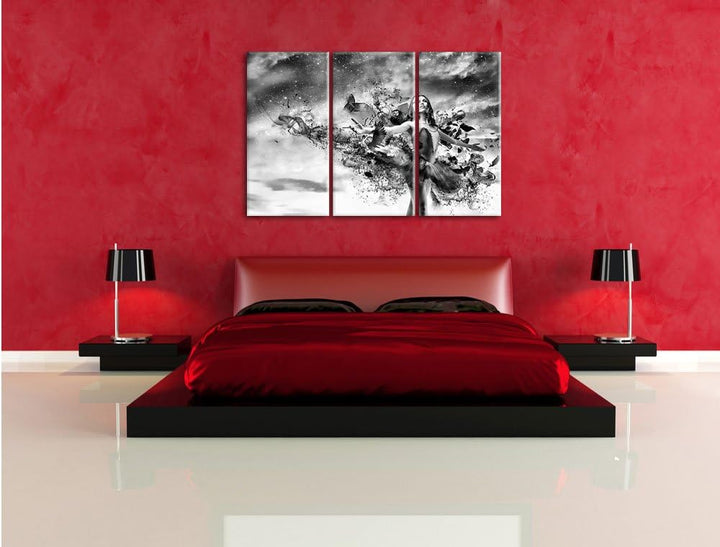 Pixxprint Ballerina im Kleid / 3-Teilig/Gesamtmass 120cm Leinwandbild bespannt auf Holzrahmen/Wandbi