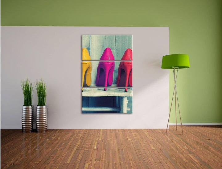 Pixxprint Bunte High Heels als Leinwandbild | Grösse: 3 Teilig (120x80) | Wandbild| Kunstdruck | fer