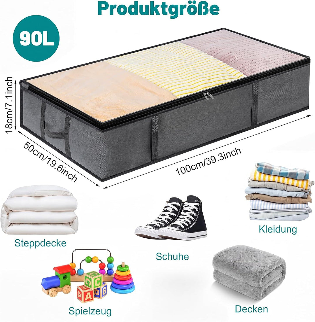 6 Stück 90L Unterbett Aufbewahrungsbox mit Deckel, Unterbett Aufbewahrung | Faltbar, Atmungsaktives
