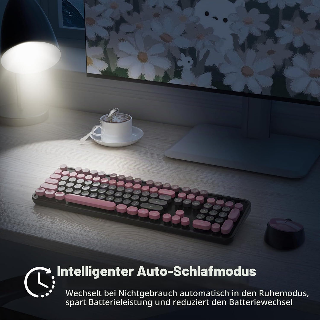 SOLIDEE kabellose Tastatur- und Maus-Kombination,Retro-Schreibmaschinen-Tastatur,2.4GHz runde Tasten