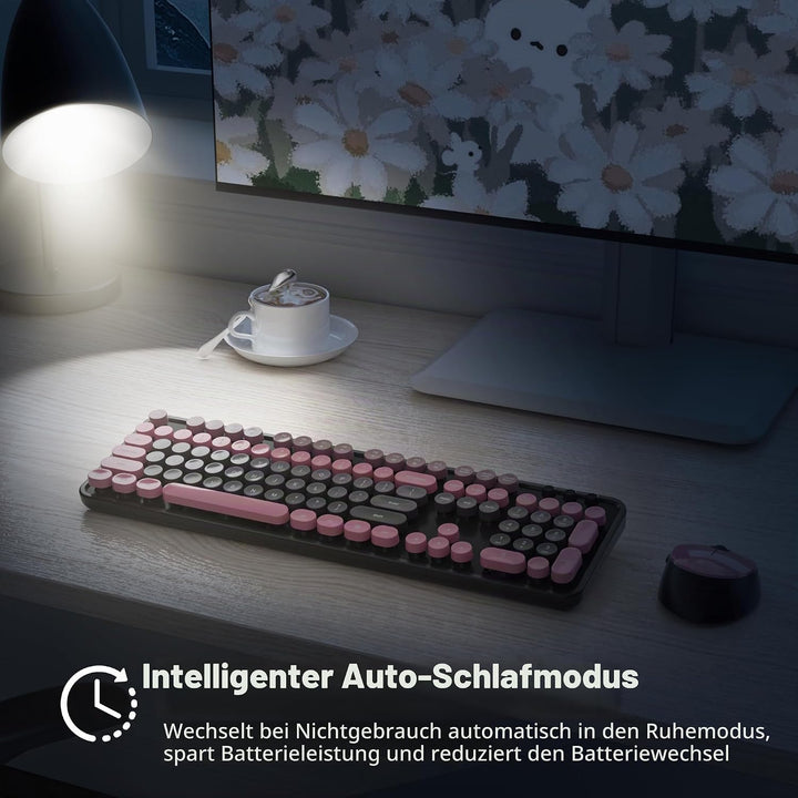 SOLIDEE kabellose Tastatur- und Maus-Kombination,Retro-Schreibmaschinen-Tastatur,2.4GHz runde Tasten