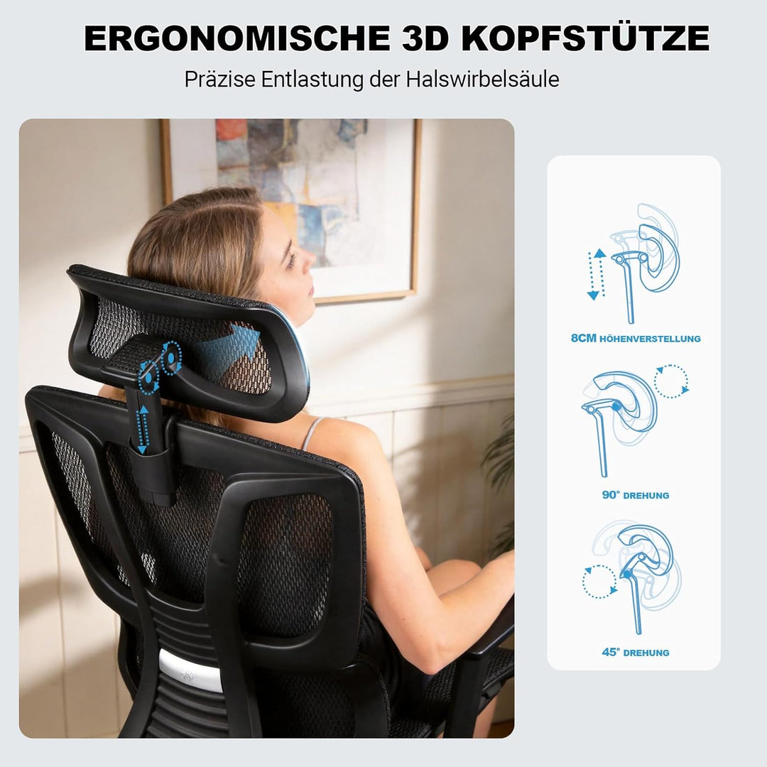 Bürostuhl Ergonomisch, 4D-Armlehnen, Verstellbare Sitztiefe, 4-stufige Neigung, Gummirollen, Mesh-Si