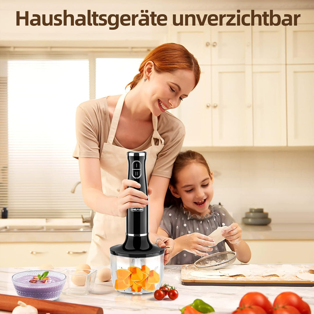 CHeflee Stabmixer Set 5 in 1 (800 Watt) Pürierstab, mit Edelstahl Mixfuss, Schneebesen, Milchaufschä