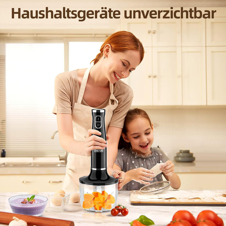CHeflee Stabmixer Set 5 in 1 (800 Watt) Pürierstab, mit Edelstahl Mixfuss, Schneebesen, Milchaufschä