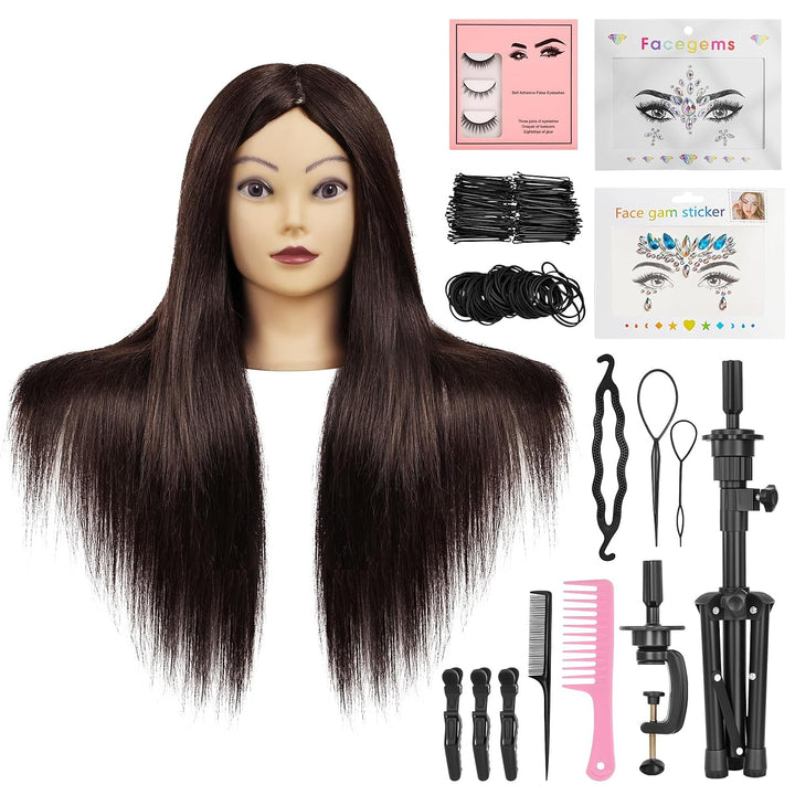 ekavo Friseurkopf mit Stativ, Trainingsköpfe mit 90% Echthaar 58CM, Schaufensterpuppe zum Frisieren,
