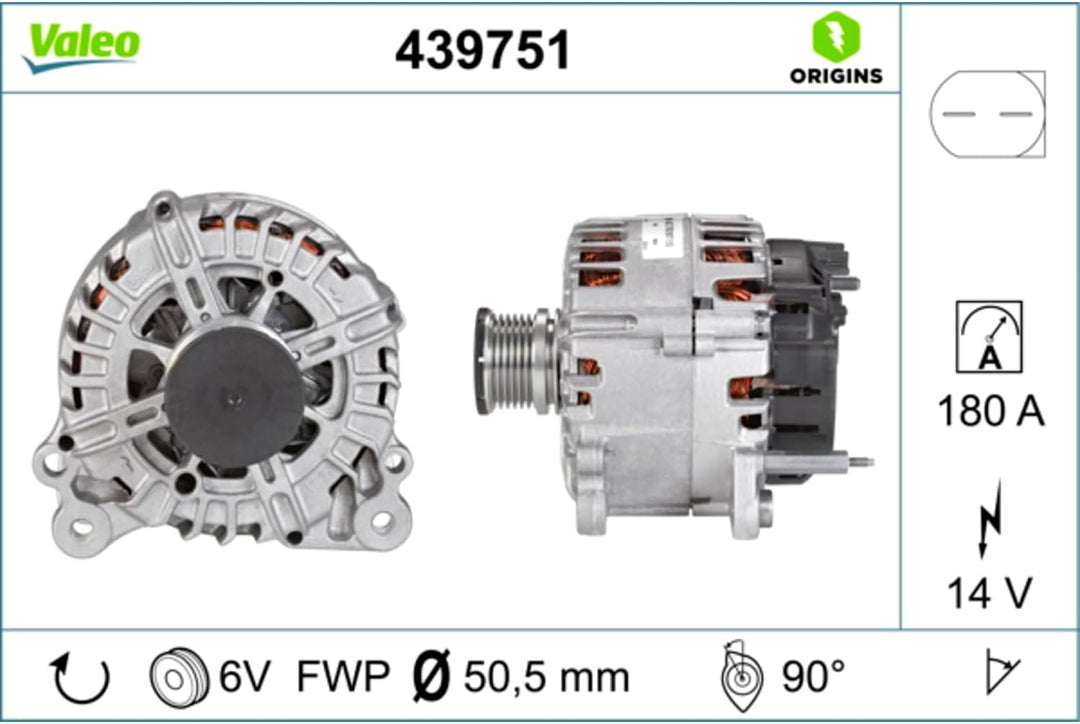 VALEO 439751 Generator Ladestrom des Generators: 180 Amp Rippen: 6 rippen Riemenscheibe Ø: 50,5 mm S