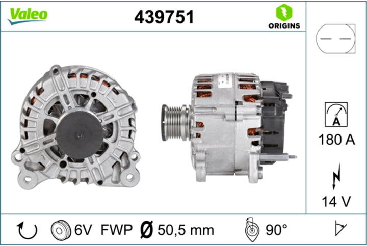 VALEO 439751 Generator Ladestrom des Generators: 180 Amp Rippen: 6 rippen Riemenscheibe Ø: 50,5 mm S