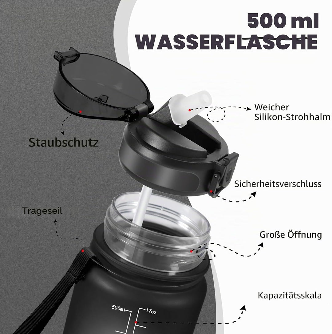 Trinkflasche Kinder, 500ml Trinkflasche, Trinkflasche mit Strohhalm, Leicht zu Reinigen, Trinkflasch