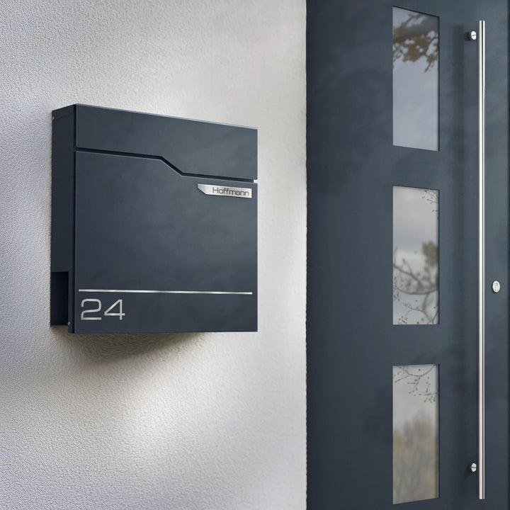 Metzler Exklusiver Briefkasten in Anthrazit RAL 7016 Hoffmann - Wandbriefkasten mit V2A Edelstahl-Na