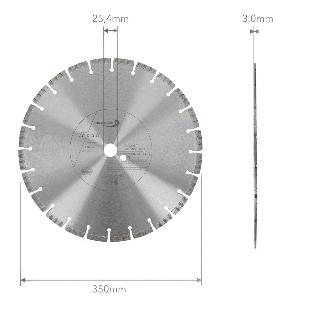 PRODIAMANT Laser Diamanttrennscheibe 350mm x 25,4 Beton Stahlbeton Stein und Ziegel Diamant Turbo-Se
