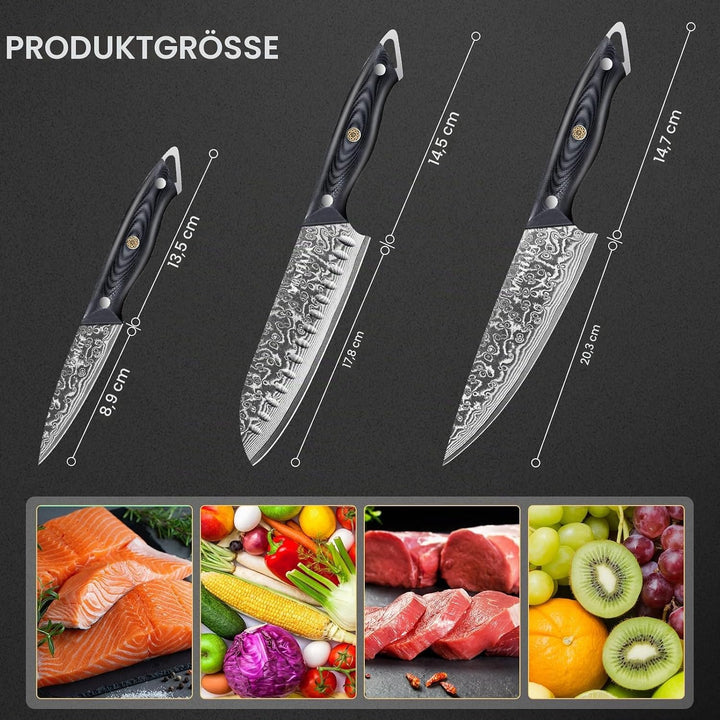 MOSFiATA Damastmesser Set 3 pcs, 8 Zoll Kochmesser, 7 Zoll Santokumesser, 3,5 Zoll Obstmesser, VG10