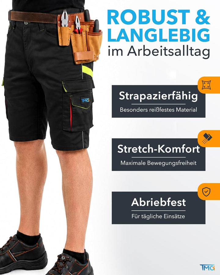 TMG Profile Arbeitsshorts Herren kurz mit Stretchbund &amp; Reflektorstreifen - Werkzeugtasche, aus Baum
