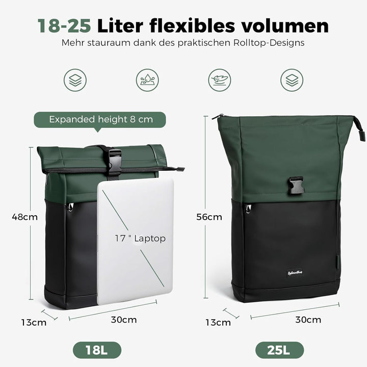 Wasserdicht Rucksack, Laptop Rolltop Rucksack für Herren & Damen Mit Diebstahlsichere Reissverschlus