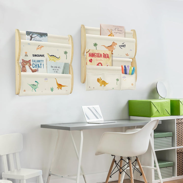 Bücherregal Kinder Wand Kinderbücherregal Montessori mit 4 Ablagen & 3 Taschen Kinderregal Wandregal