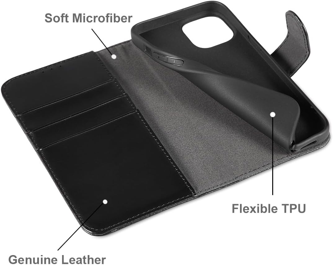 LENSUN Echtleder Hülle für iPhone 14, Bookstyle Handytasche - Glatt Schwarz | Handyhülle Echtes Lede