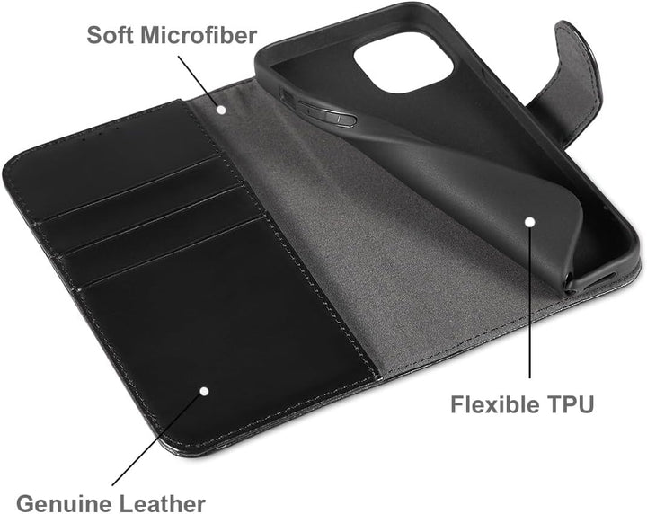 LENSUN Echtleder Hülle für iPhone 14, Bookstyle Handytasche - Glatt Schwarz | Handyhülle Echtes Lede