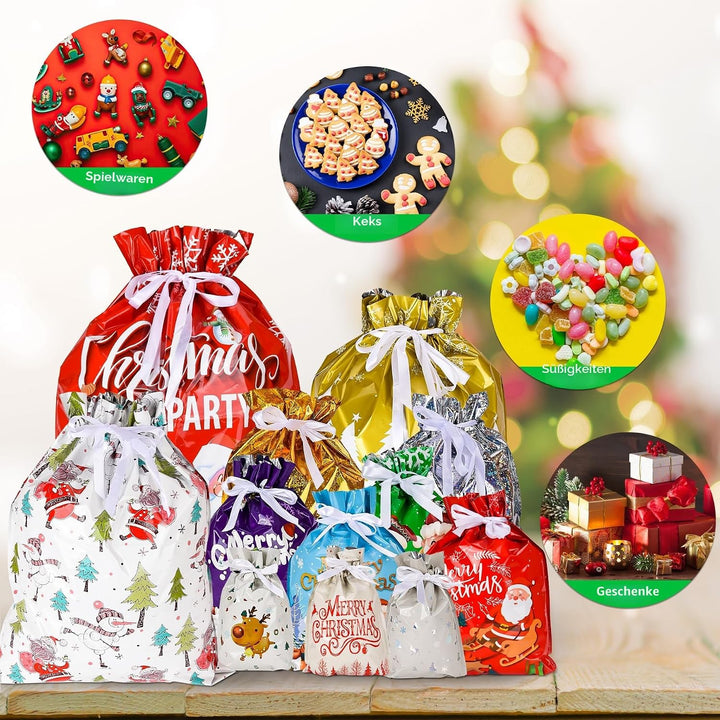 Weihnachts Geschenkbeutel mit Kordelzug - 15 Stück mit 15 Anhängern, 7 Designs, 5 Grössen, Wiederver