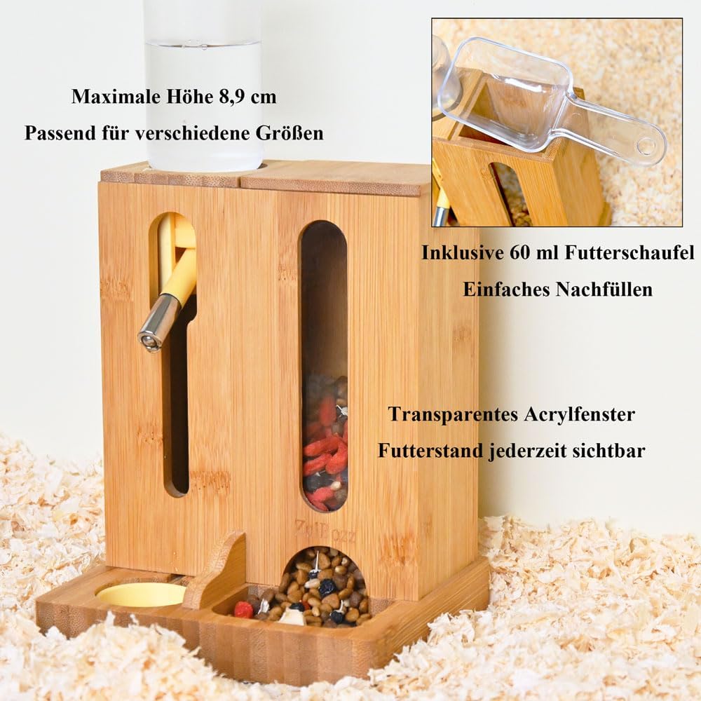 Verstellbare Hamster Futterstation aus Bambus, 2-in-1 Futternapfhalter mit Wasserflaschenständer, fü