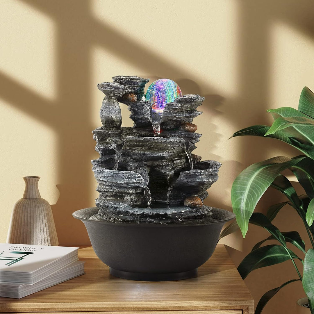 Dyna-Living Zimmerbrunnen Tischbrunnen mit Rollender Kugel, Brunnen Polyresin Springbrunnen LED-Bele